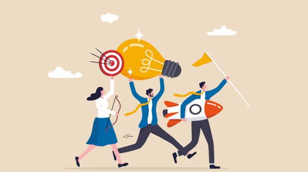 Entrepreneurship, think and develop new idea, organize and launch new innovation product, startup or start new company, business people holding winner flag, rocket ship, lightbulb idea and target plan