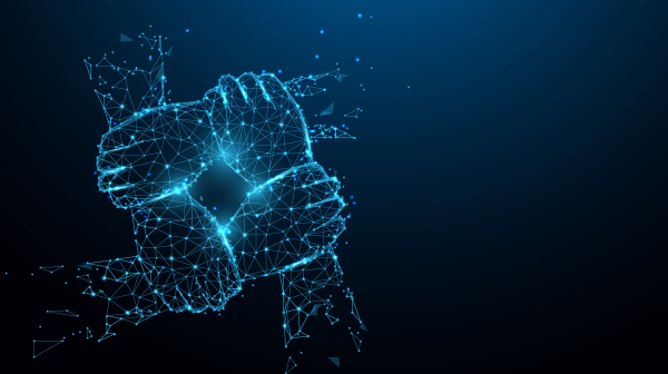 Hand united together form lines, triangles and particle style design. Illustration vector